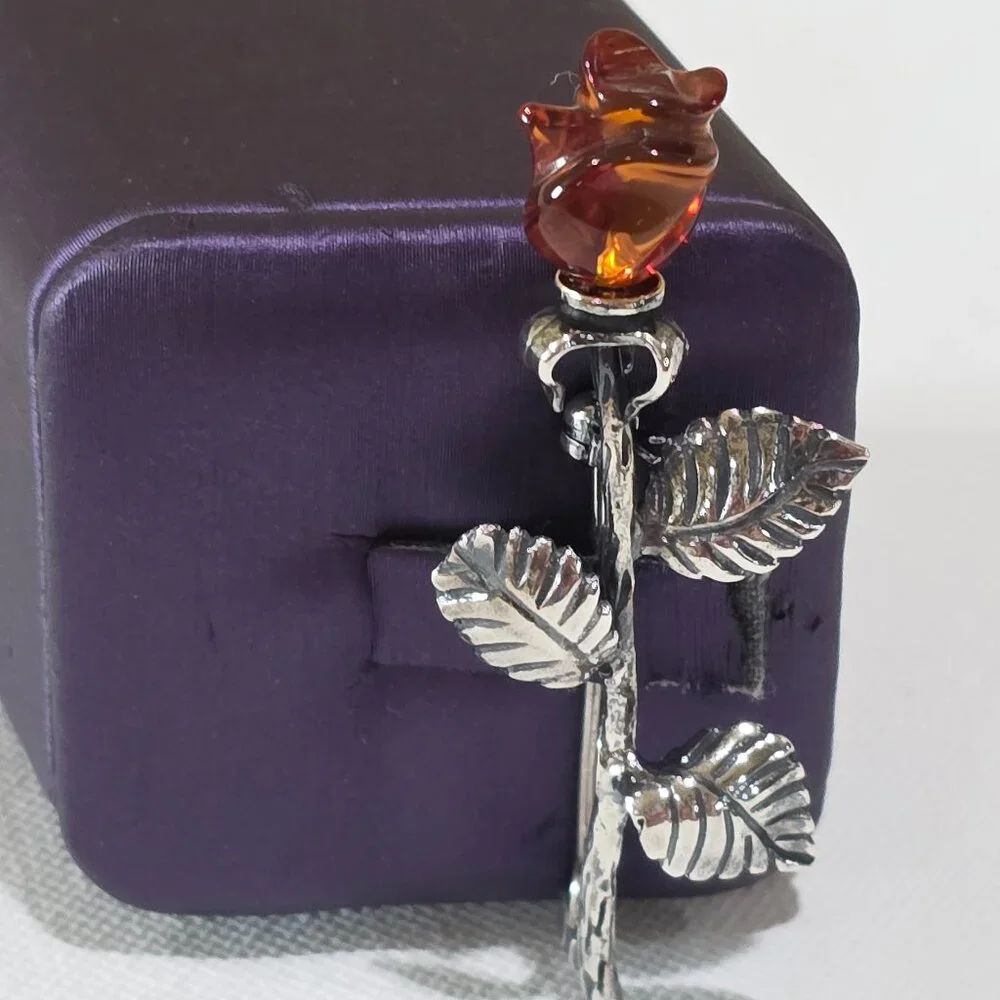 Vintage Carved Baltic Amber Rose Flower High Detail Sterling Silver Pin Brooch